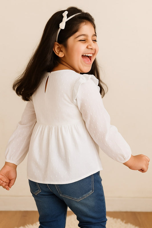Girls White Embroidered Full Sleeve Top