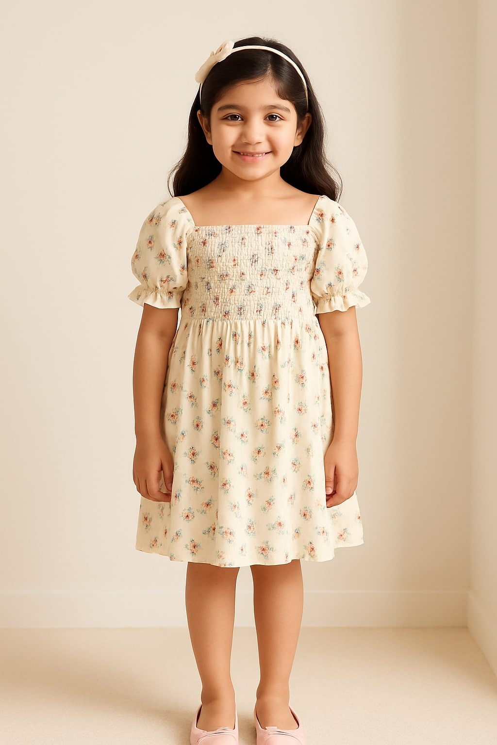 Girls Cream Floral Puff Sleeve Dress