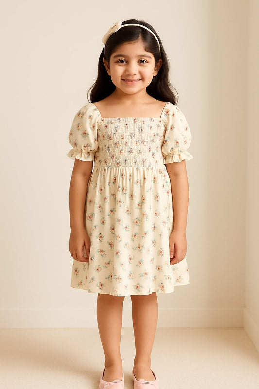 Girls Cream Floral Puff Sleeve Dress
