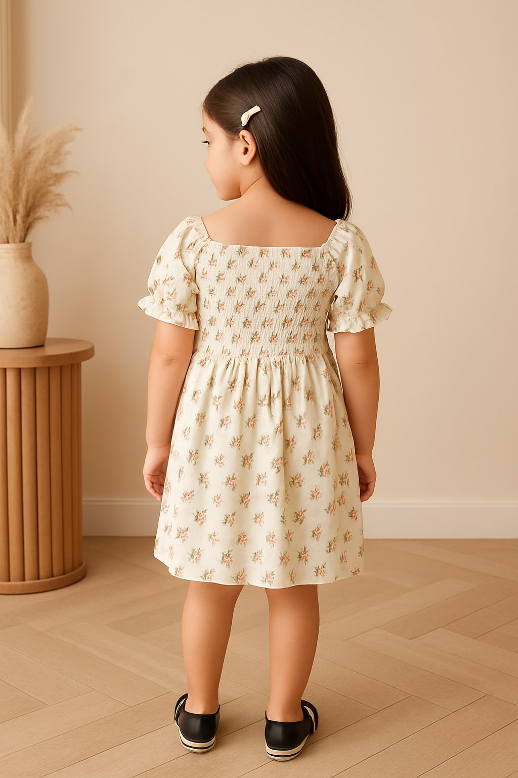 Girls Cream Floral Puff Sleeve Dress