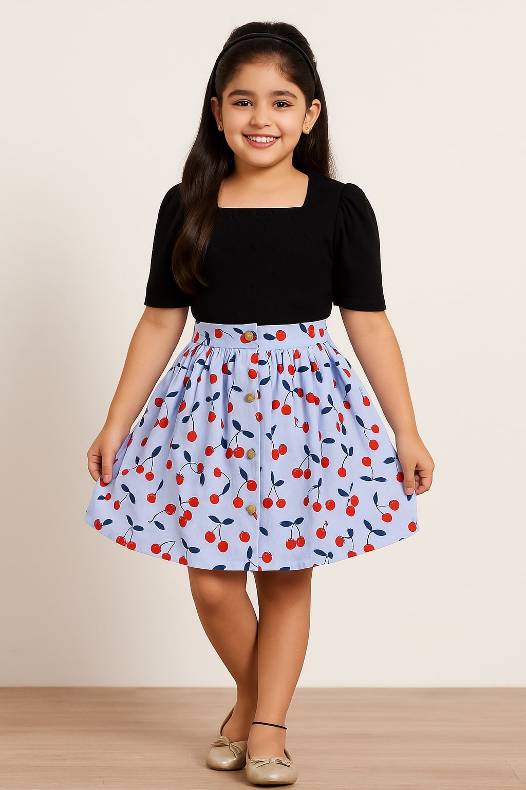 Girls Cherry Printed Flared Mini Skirt with Button Detail