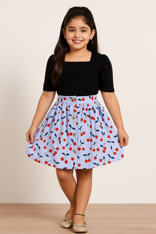 Girls Cherry Printed Flared Mini Skirt with Button Detail