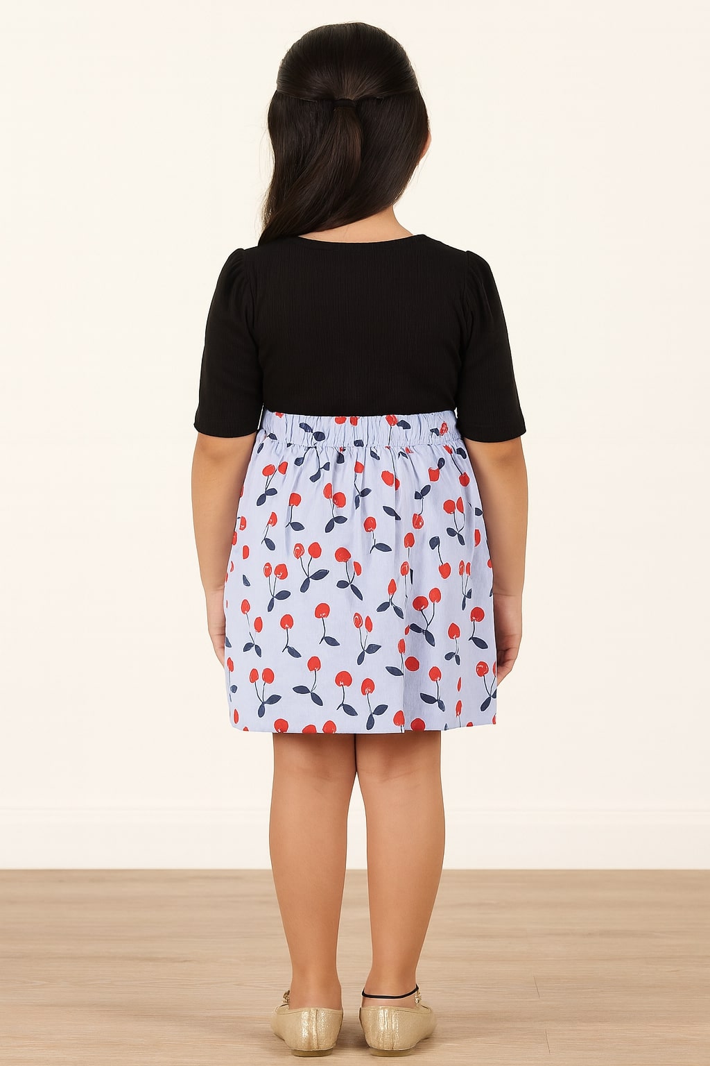 Girls Cherry Printed Flared Mini Skirt with Button Detail