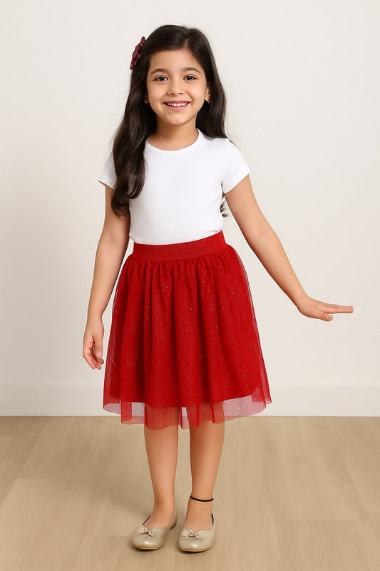 Girls Glitter Net Flared Skirt