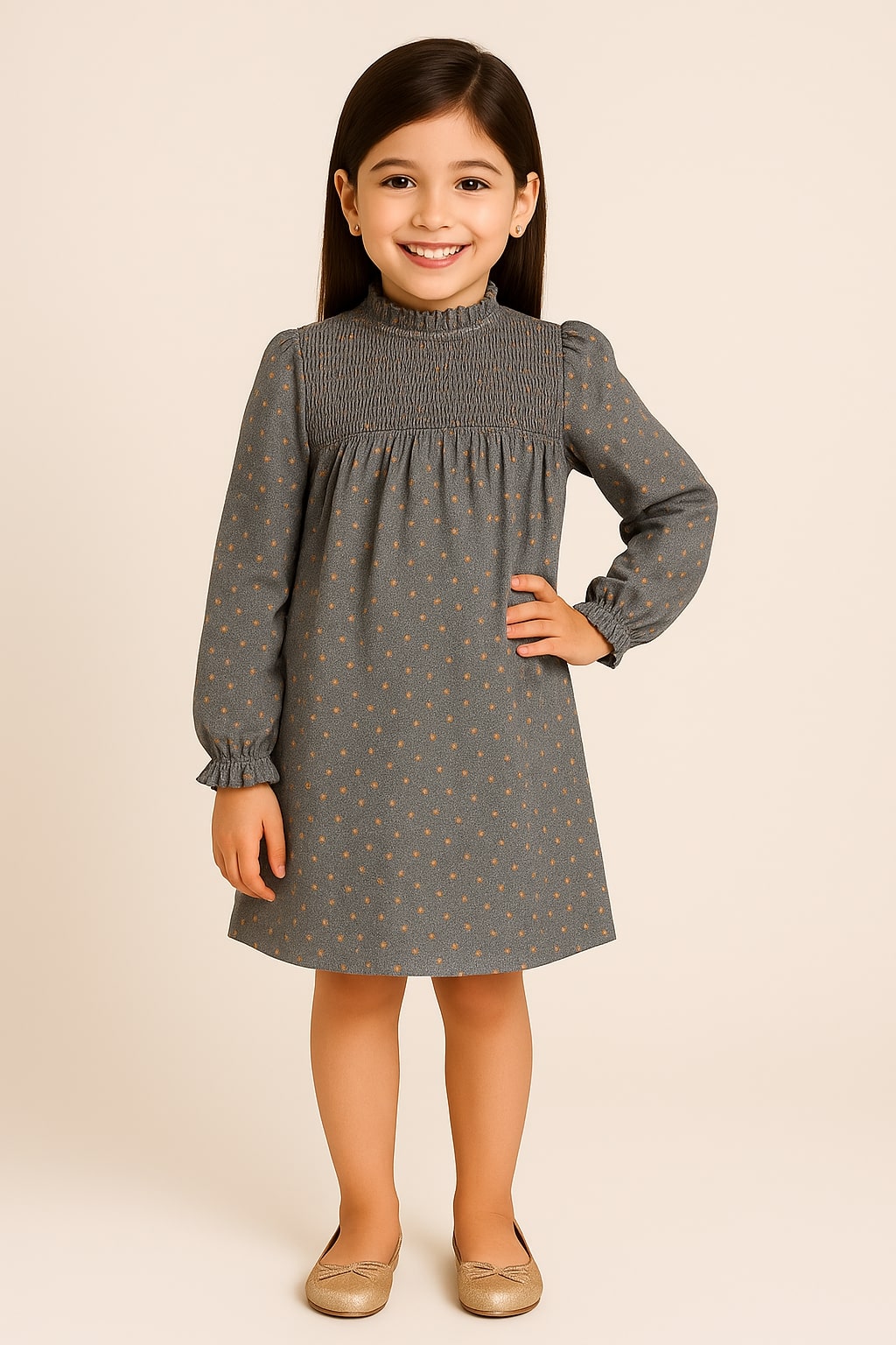 Girls Grey High Neck Full Sleeve Dress