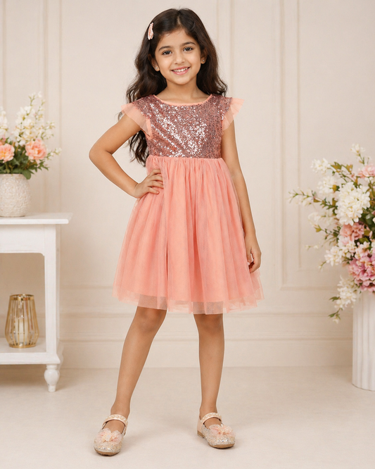 Girls Peach Layered Net Dress