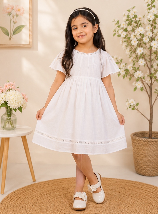 Girls White Solid Fit & Flare Dress with Lace Detail