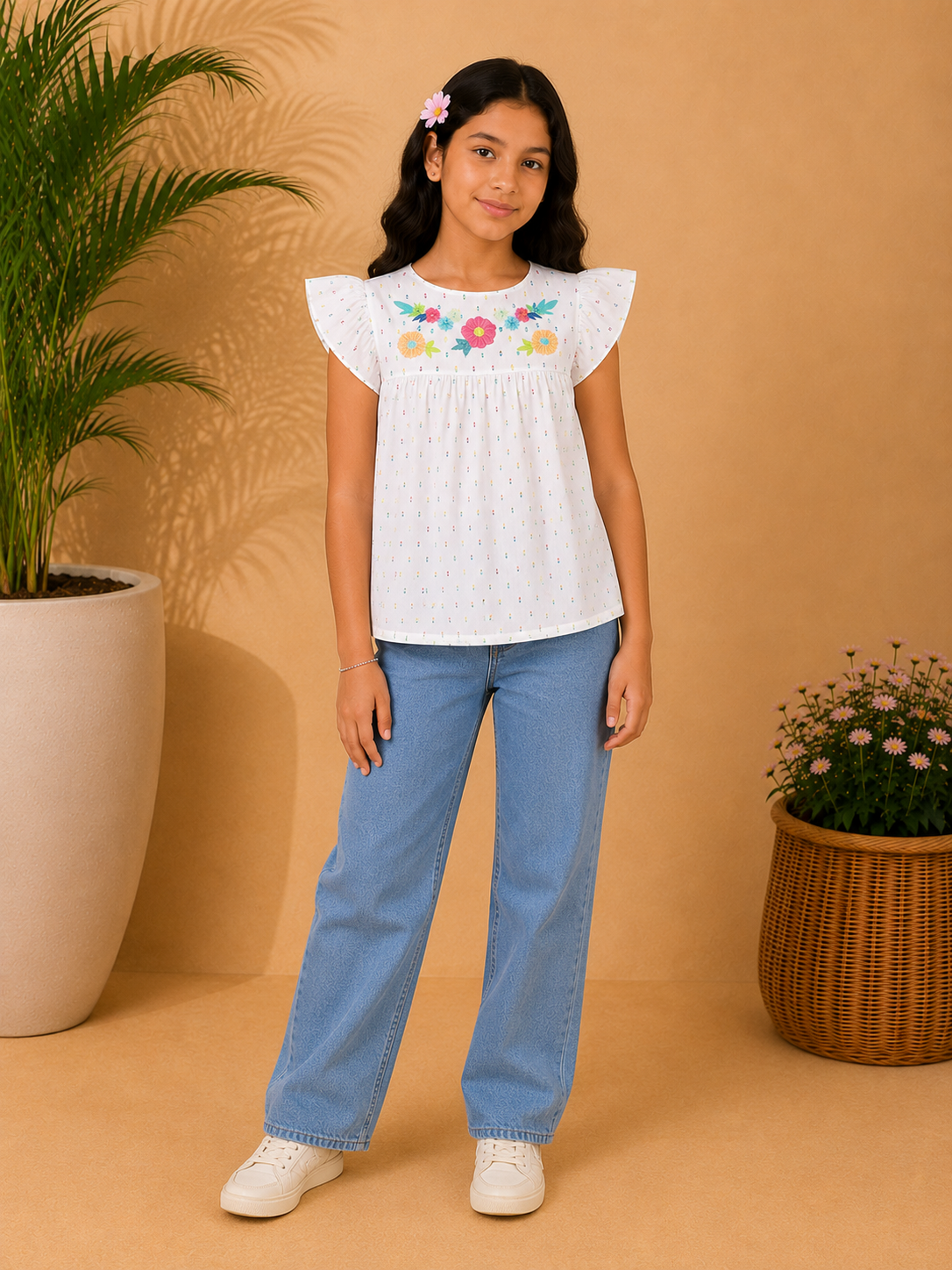 Girls Floral Embroidered Flutter Sleeve Top