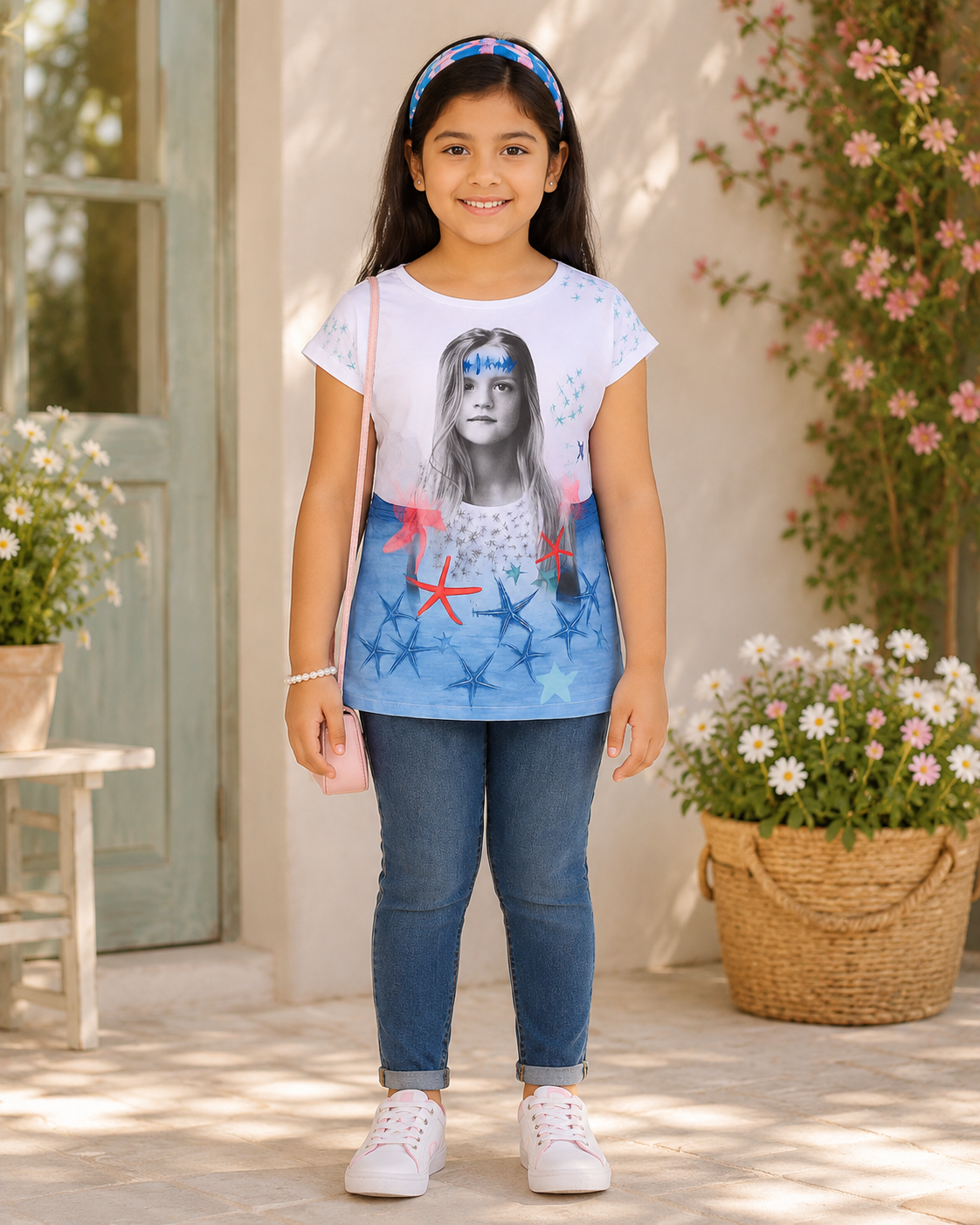 Girls Graphic Portrait Print Casual Top