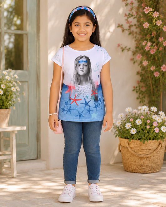 Girls Graphic Portrait Print Casual Top