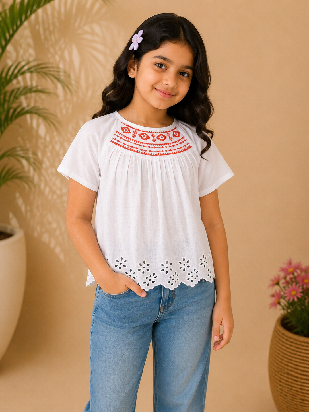 Girls White Embroidered Casual Top
