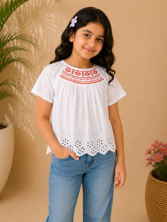 Girls White Embroidered Casual Top