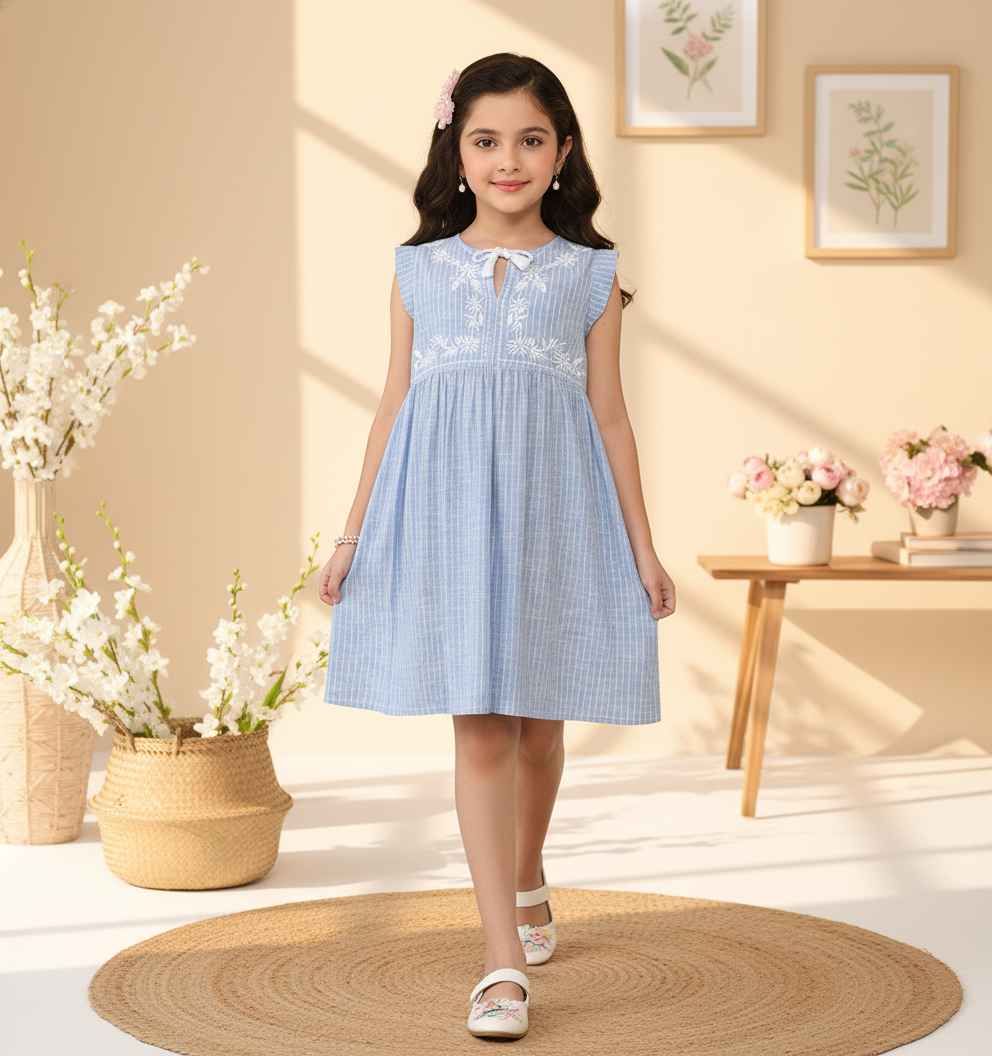 Girls Blue Striped Embroidered Dress