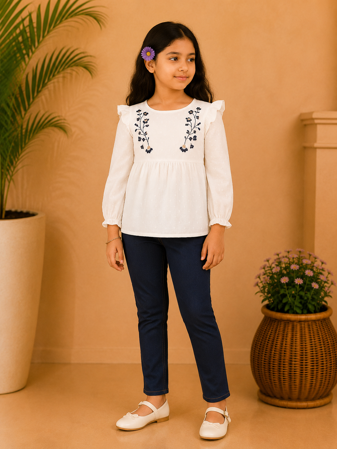 Girls White Embroidered Full Sleeve Top