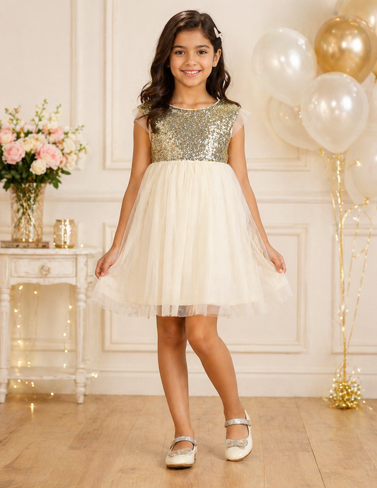 Girls Off-White & Gold Sequined Dress