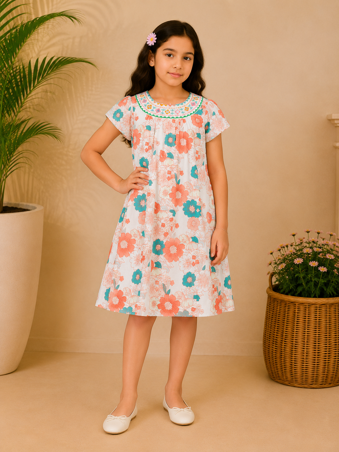Girls Peach Floral Printed Dress