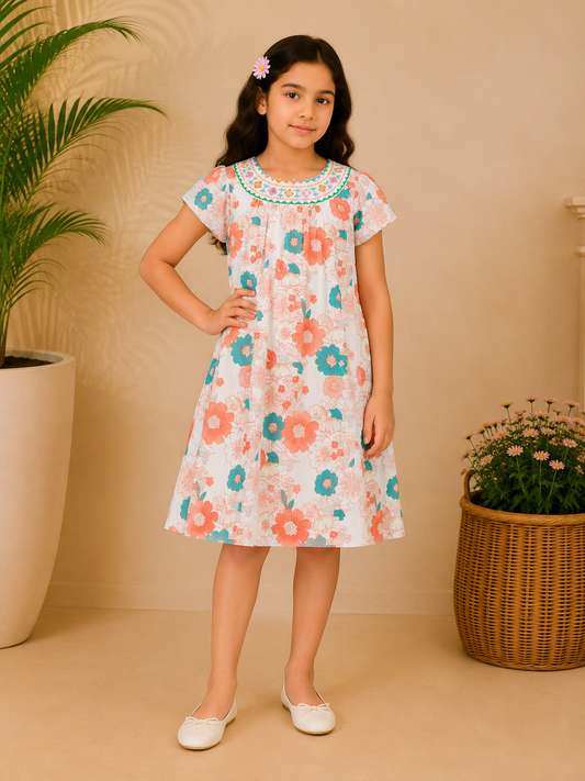 Girls Peach Floral Printed Dress