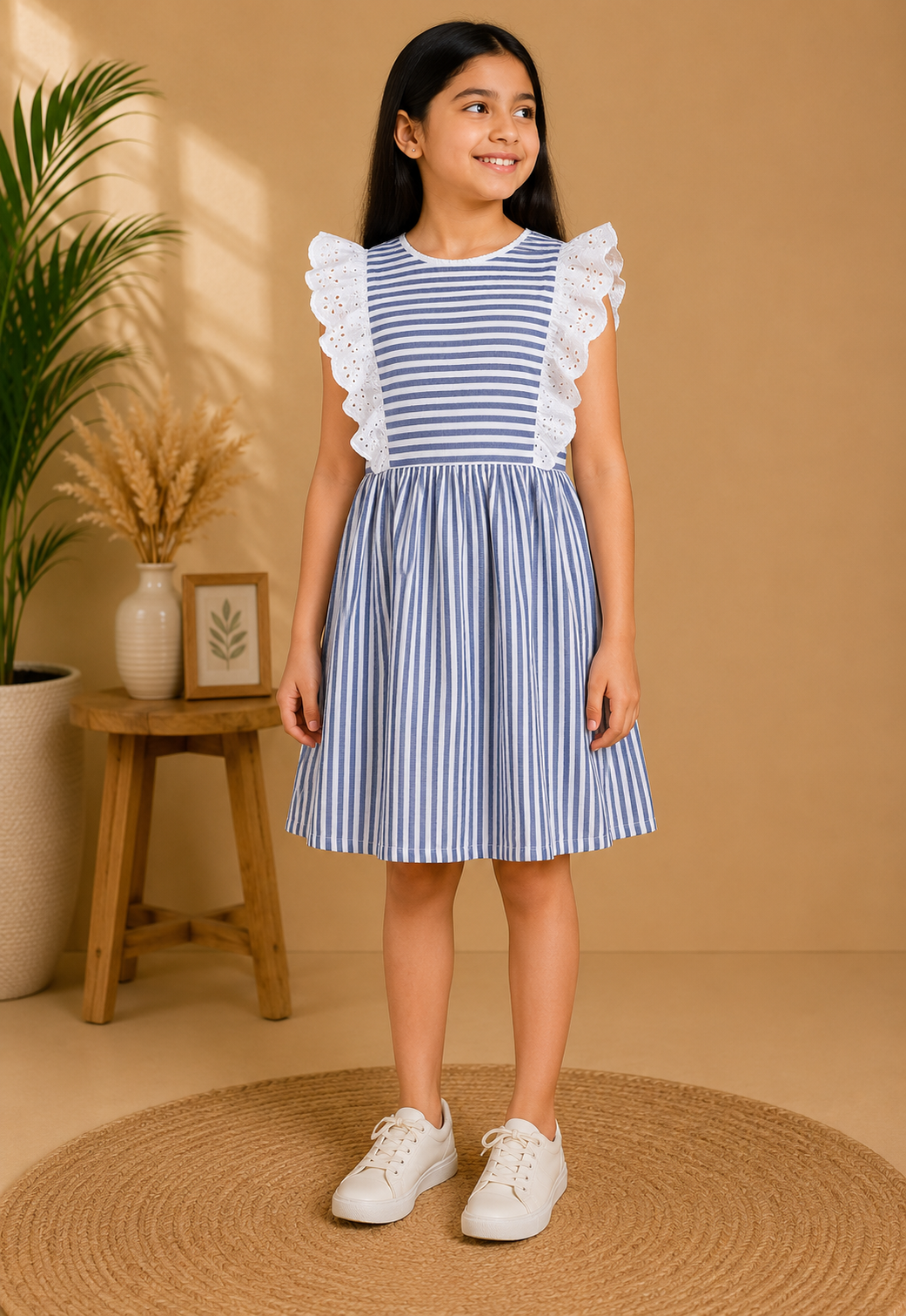 Girls Blue Striped Lace Sleeve Dress