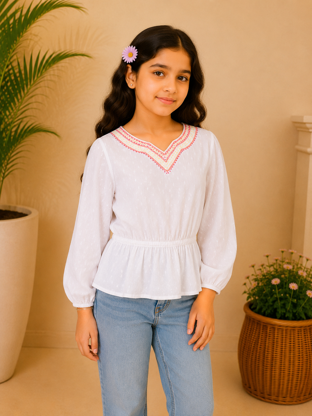 Girls White Embroidered Casual Top