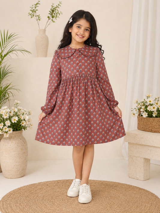 Girls Floral Printed Peter Pan Collar Dress