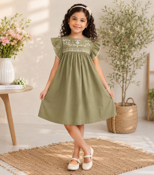 Girls Olive Green Embroidered Dress