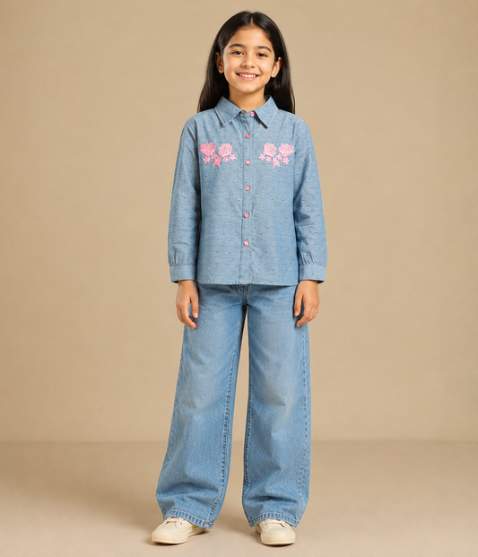 Girls Blue Embroidered Collared Casual Top