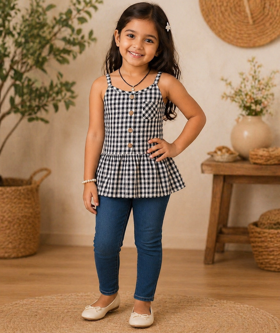 Girls Gingham Peplum Cami Top