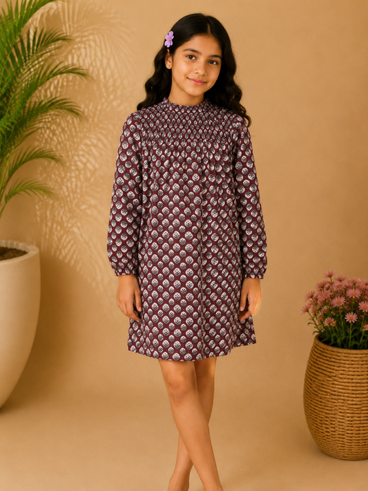 Girls Smocked Floral Printed Shift Dress