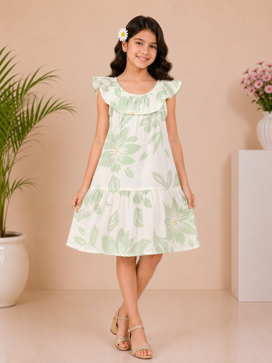 Girls Green Floral Printed Ruffle Neck Fit & Flare Dress