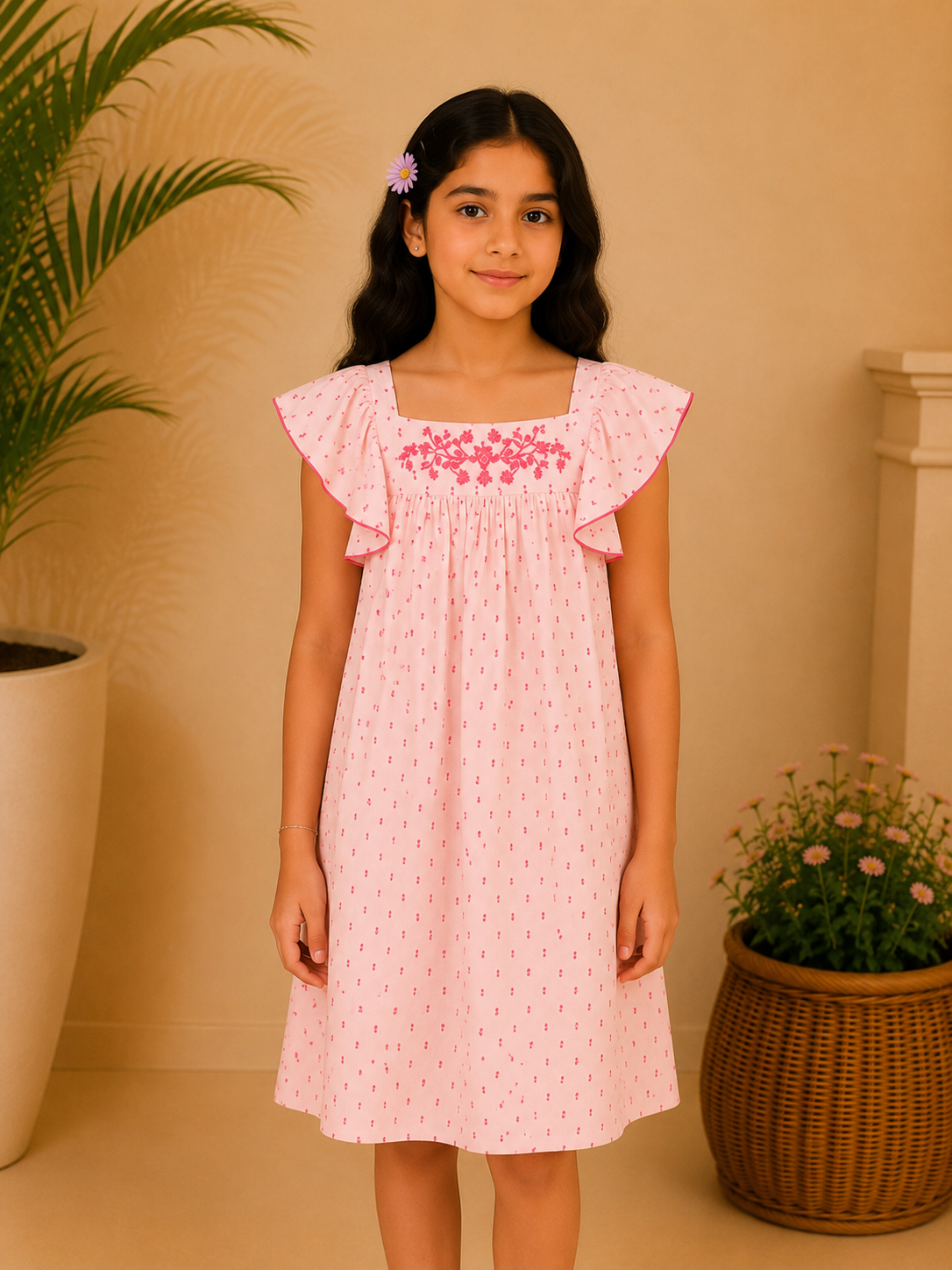 Girls Pink Embroidered Flutter Sleeve Dress