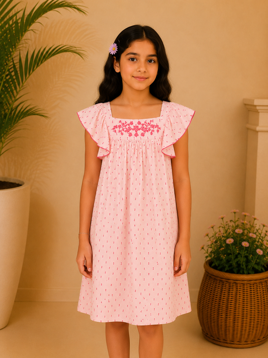 Girls Pink Embroidered Flutter Sleeve Dress
