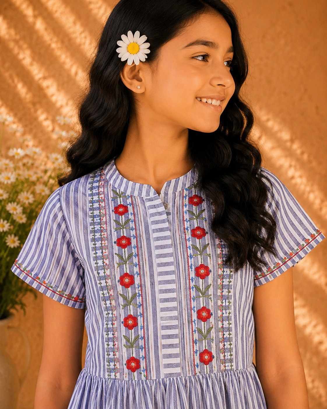 Girls Striped Embroidered Dress