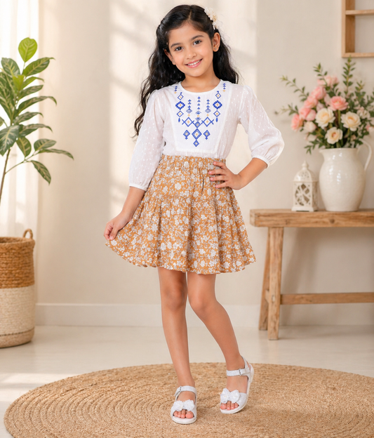 Girls Floral Printed Tiered Flared Mini Skirt
