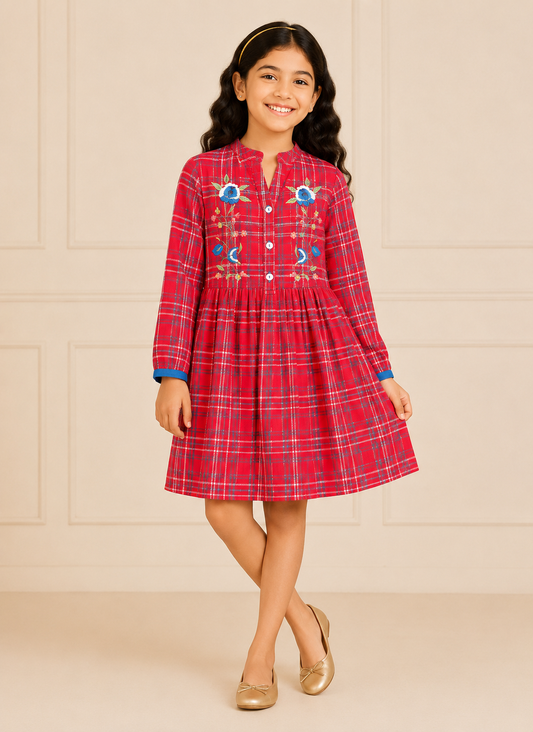Girls Pink Checked Fit & Flare Dress