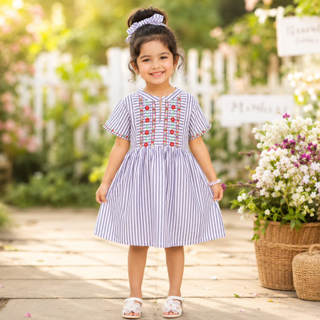 Girls Striped Embroidered Dress