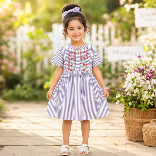 Girls Striped Embroidered Dress