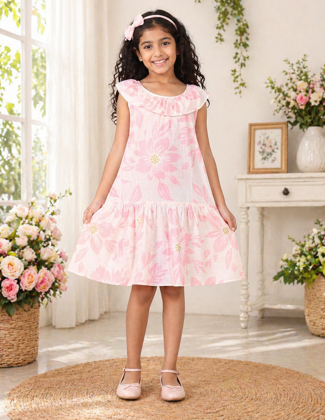 Girls Pink Floral Printed Ruffle Neck Fit & Flare Dress
