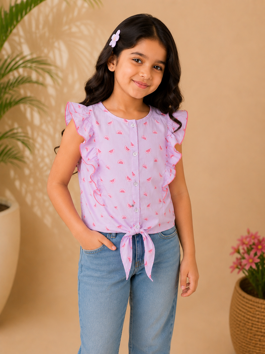 Girls Pink Printed Tie-Up Casual Top
