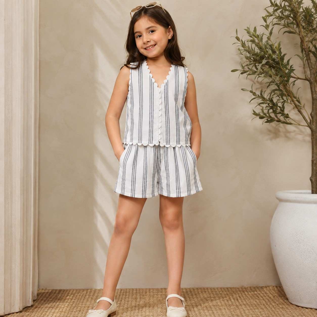 Girls White Striped Co-Ord Set
