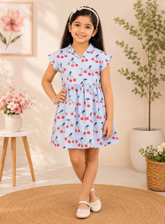 Girls Cherry Print Collar Neck Dress