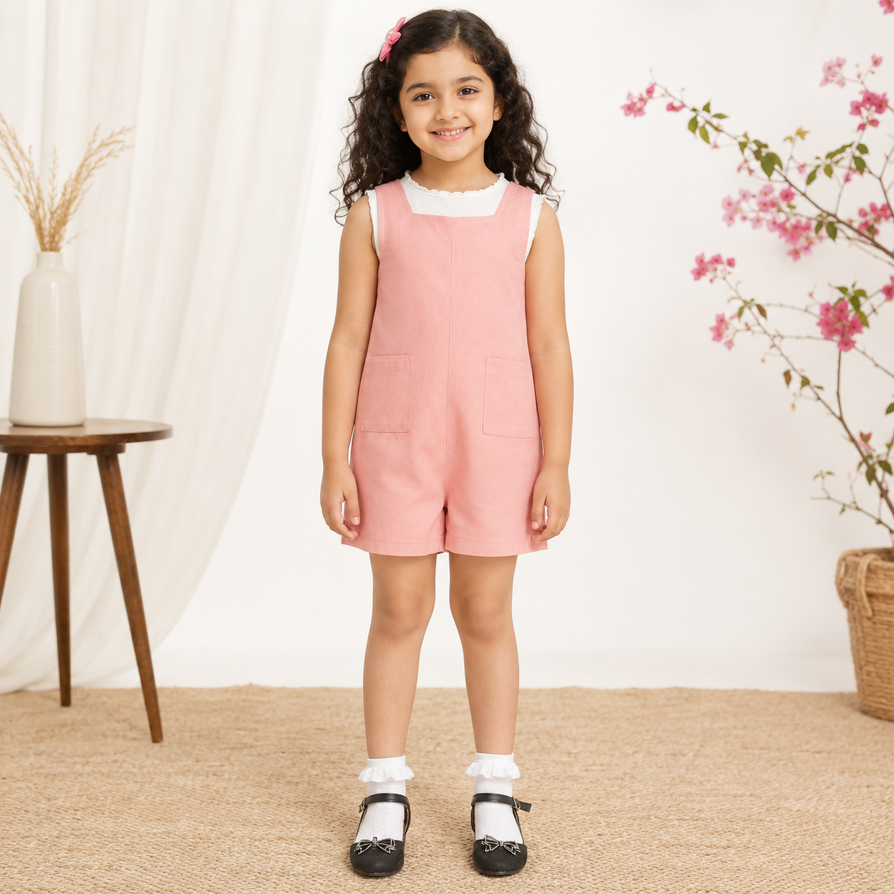 Girls Pink Sleeveless Romper Co-Ord Set