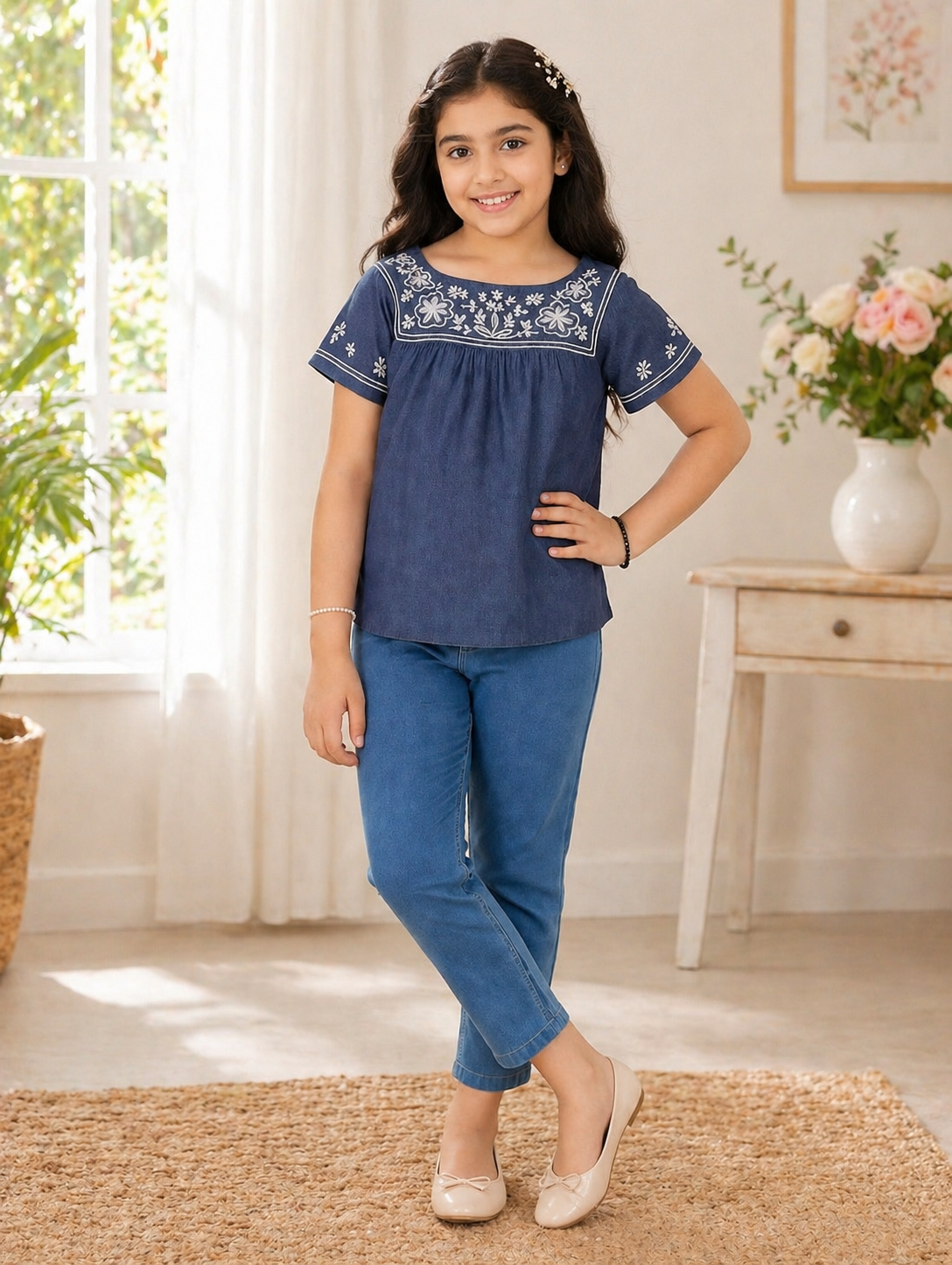 Girls Denim Look Embroidered Top