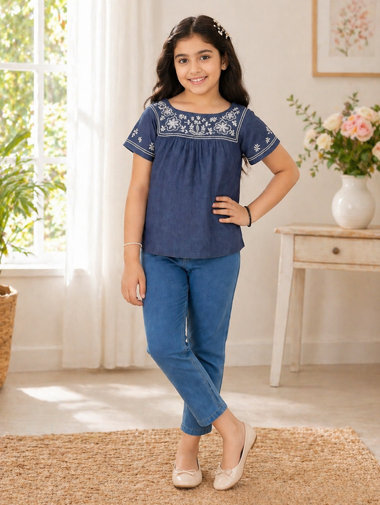 Girls Denim Look Embroidered Top