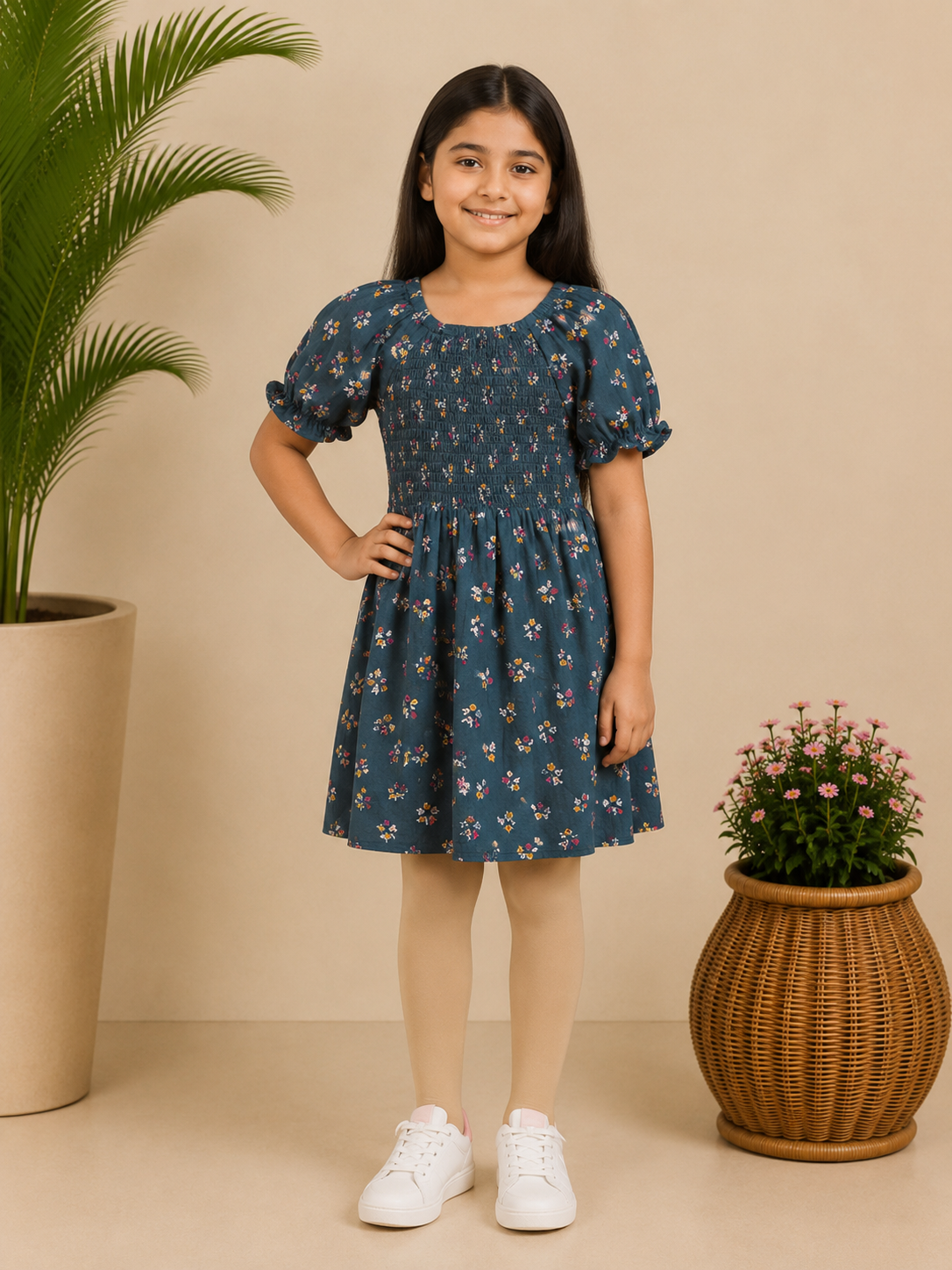Girls Blue Smocked Floral Dress