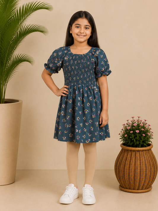 Girls Blue Smocked Floral Dress