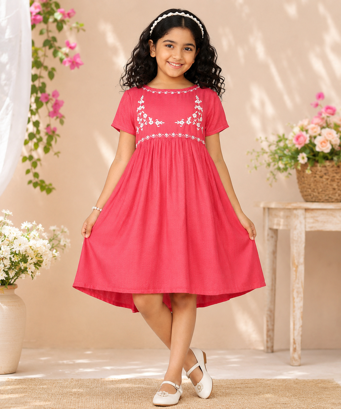 Girls Dark Pink Embroidered Gathered Dress