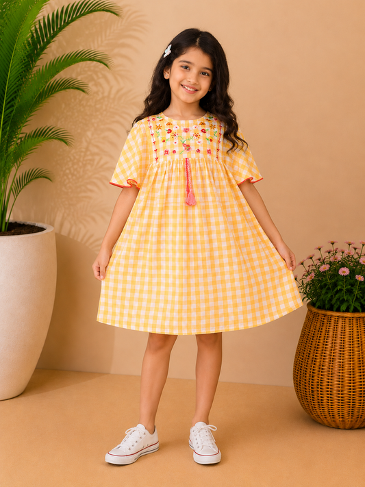 Girls Yellow Checked Embroidered Dress