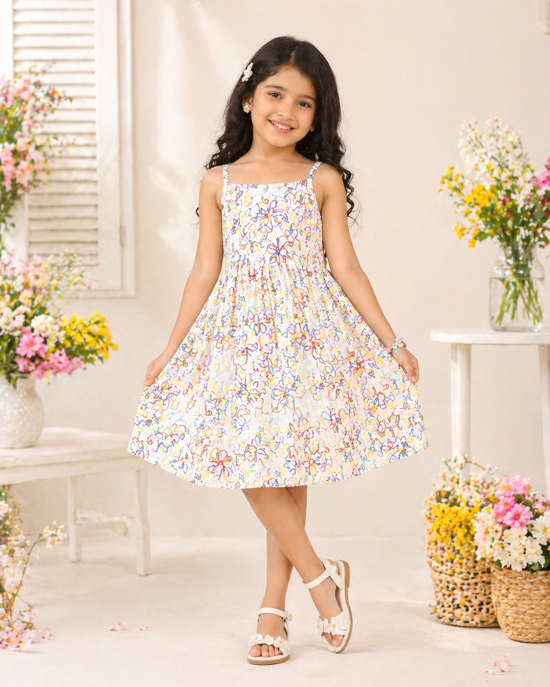 Girls Multicolor Floral Print Shoulder Strap Summer Dress