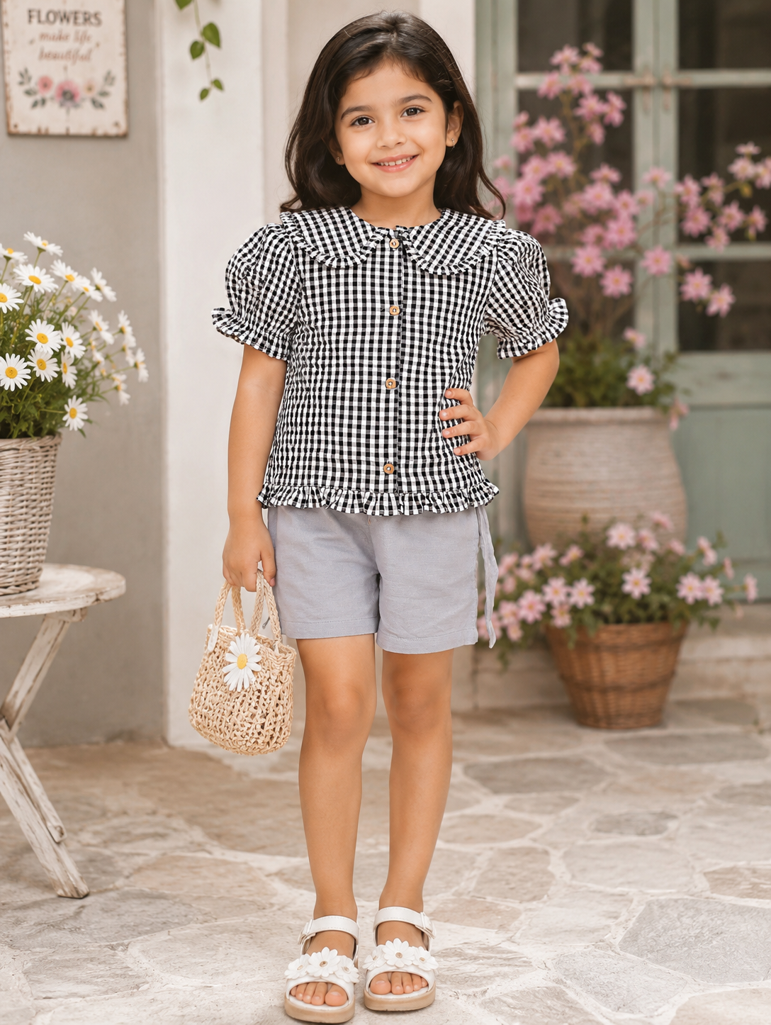 Girls Checked Collar Top