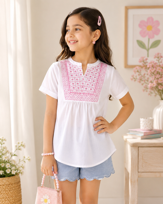 Girls White Embroidered Casual Top